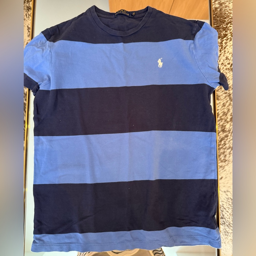 Pre-Loved Polo Ralph Lauren Navy & Periwinkle Striped T-Shirt - Size M